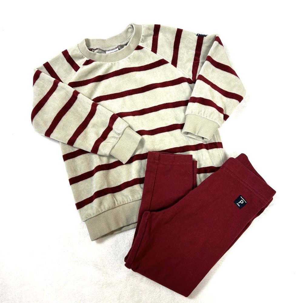 Polarn O. Pyret Girls 2pc Outfit Set Red Beige Striped Velour Organic Cotton 92